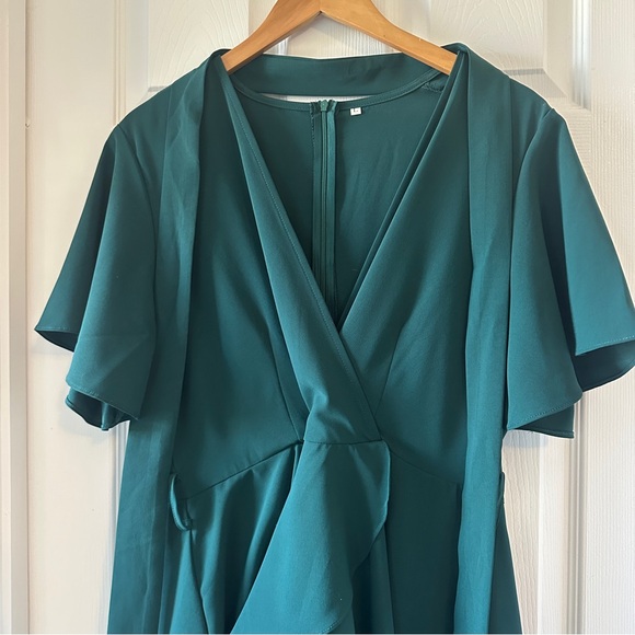 Bonkwa Tiered Ruffle Hem Tie Waist Wrap V Neck Flutter Sleeve Dress Dark Green - Picture 7 of 10